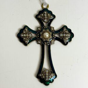 Kirklands 6” Green Enamel Bejeweled Cross Ornament IOB